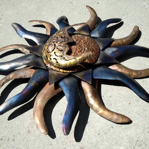 Gorgeous Mixed Metals Handmade Celestial Sunburst & Half Moon Face Sculpture - Picture 8 of 12